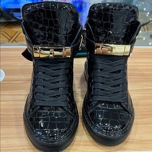 Buscemi Black Croc-Embossed High-Top Sneakers with Gold Buckle